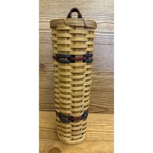 Vintage Amish‎ Made Wood Woven Vase Basket Brown Blue Red Trim Tall